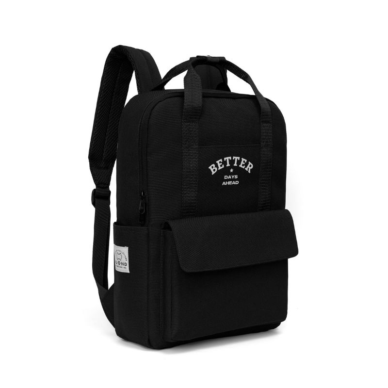 All-black technical Rider backpack with reinforced grab handle and side water bottle pouch